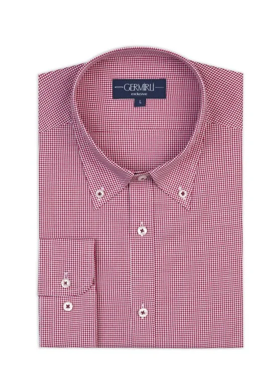 Germirli Albini Relax Formula Bordo Pötikareli Exclusive Tailor Fit Düğmeli Yaka Pamuk Gömlek - Germirli 