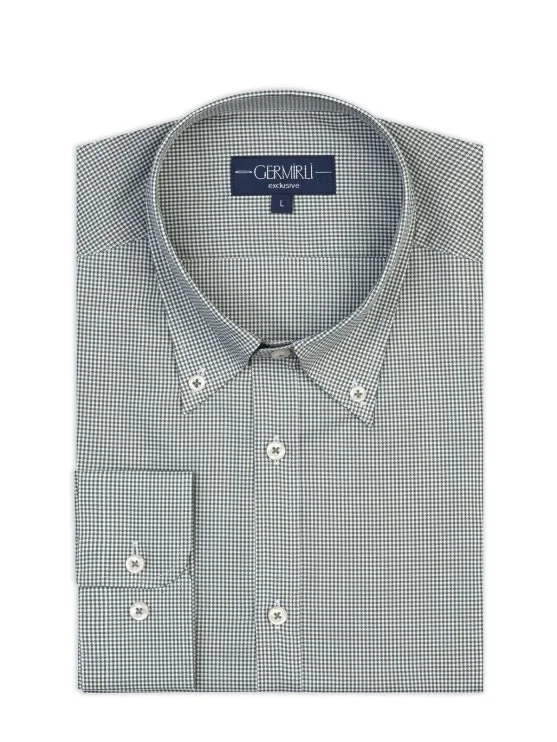 Germirli Albini Relax Formula Yeşil Pötikareli Exclusive Tailor Fit Düğmeli Yaka Pamuk Gömlek - Germirli 