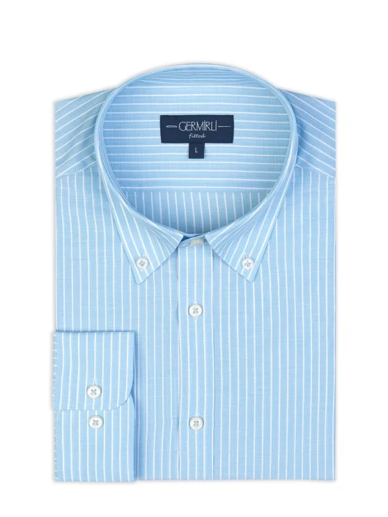 Germirli Albini Turkuaz Çizgili Düğmeli Yaka Tailor Fit Pamuk Gömlek - Germirli 