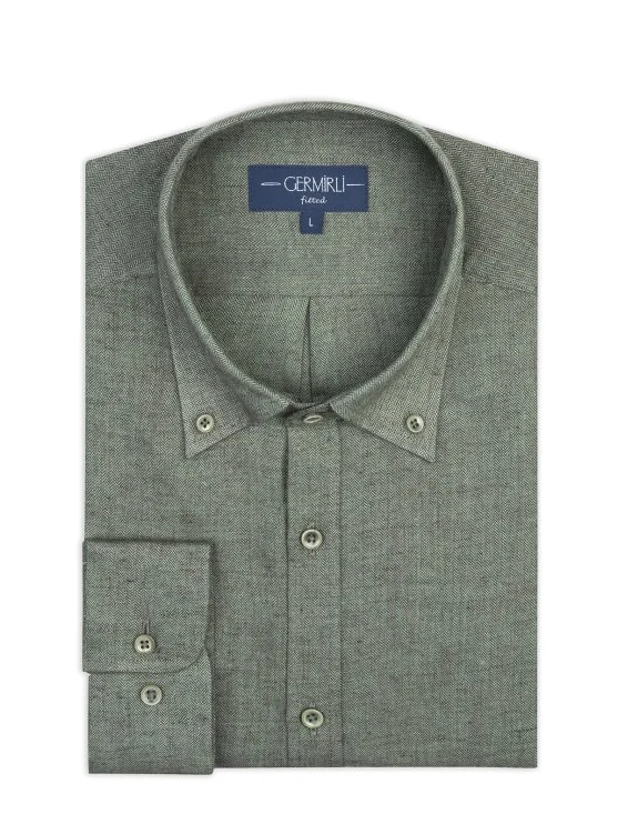 Germirli Albini Zeytin Yeşili Balıksırtı Düğmeli Yaka Tailor Fit Keten Yün Gömlek - Germirli 