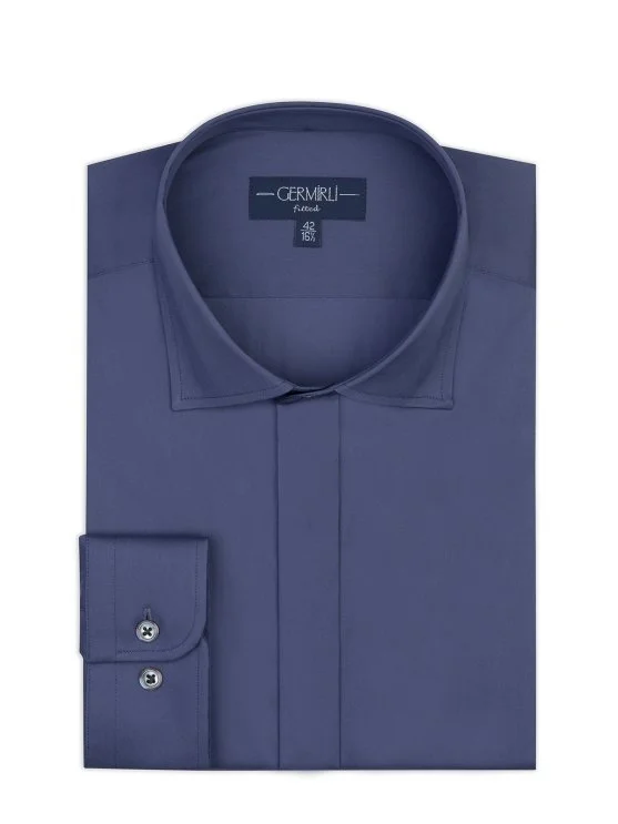 Germirli Azur Mavi Gizli Pat Klasik Yaka Tailor Fit Pamuk Elastan Gömlek - Germirli 