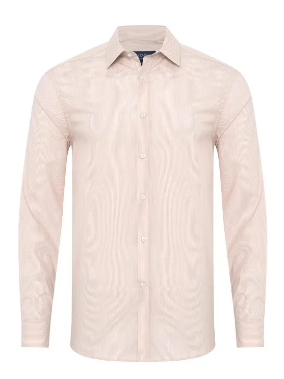 Germirli Bej Beyaz Çizgili Soft Yaka Tailor Fit Gömlek - Germirli 