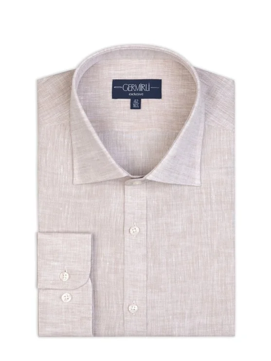 Germirli Bej Klasik Yaka Exclusive Tailor Fit Saf Keten Gömlek - Germirli