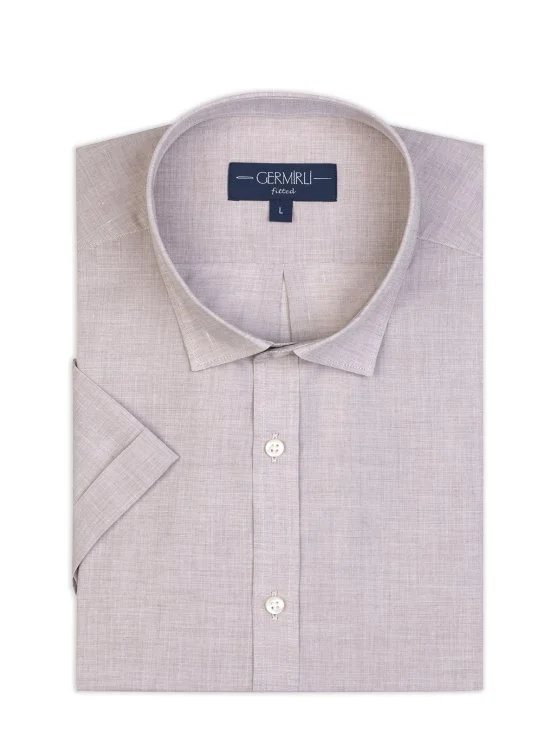 Germirli Bej Soft Yaka Tailor Fit Kısa Kollu Pamuk Gömlek - Germirli