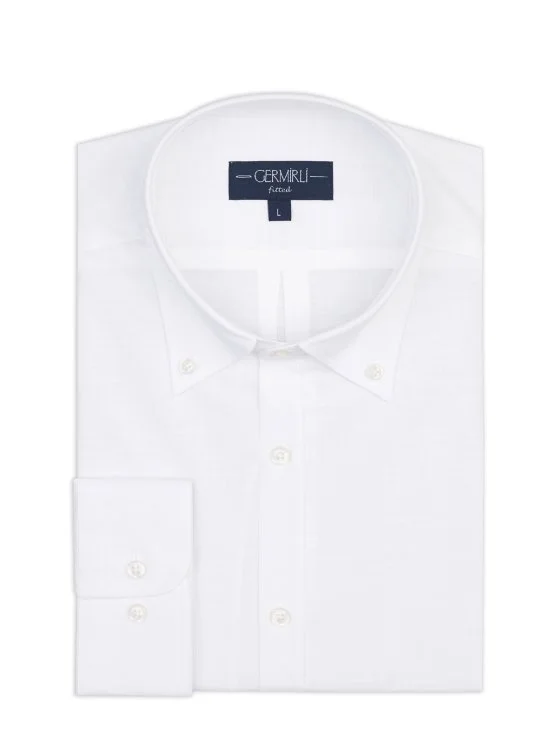 Germirli Beyaz Albiate Düğmeli Yaka Tailor Fit İnce Pamuk Gömlek - Germirli 