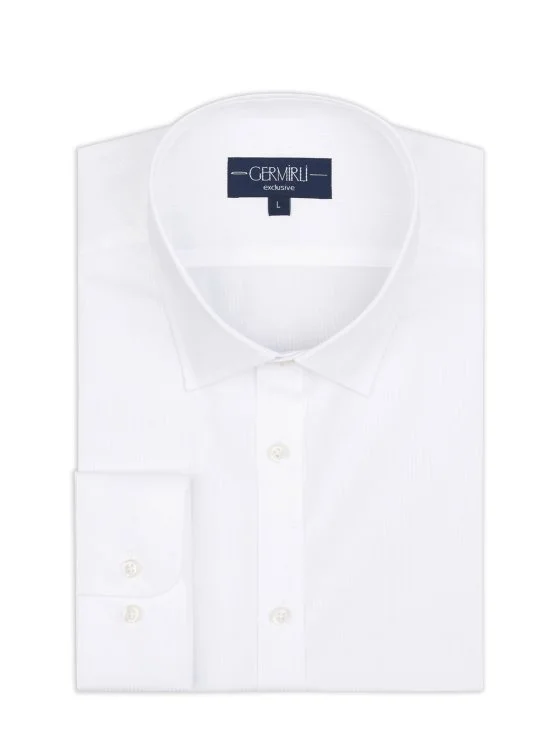 Germirli Beyaz Çizgili Vual Klasik Yaka Exclusive Tailor Fit Pamuk Gömlek - Germirli