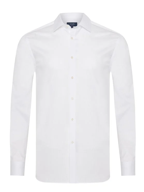 Germirli Beyaz Çizgili Vual Klasik Yaka Exclusive Tailor Fit Pamuk Gömlek - Germirli