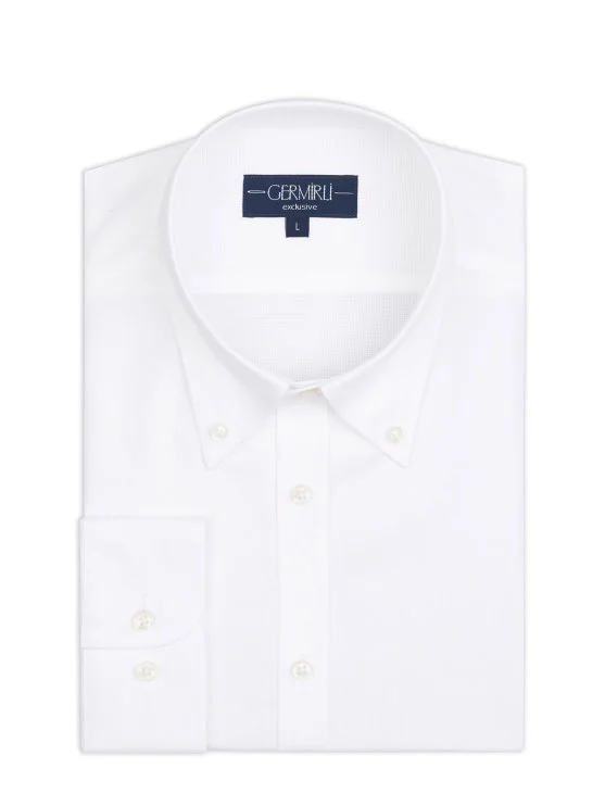 Germirli Beyaz Dokulu Exclusive Düğmeli Yaka Tailor Fit Pamuk Gömlek - Germirli