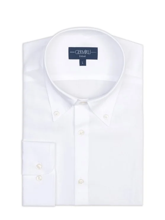 Germirli Beyaz Düğmeli Yaka Tailor Fit Tencel Erkek Gömlek - Germirli 