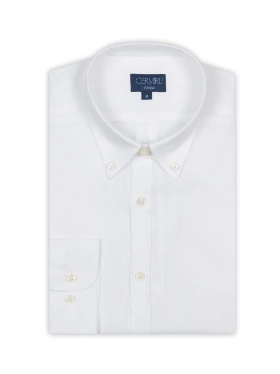 Germirli Beyaz Keten Düğmeli Yaka Tailor Fit Gömlek - Germirli 