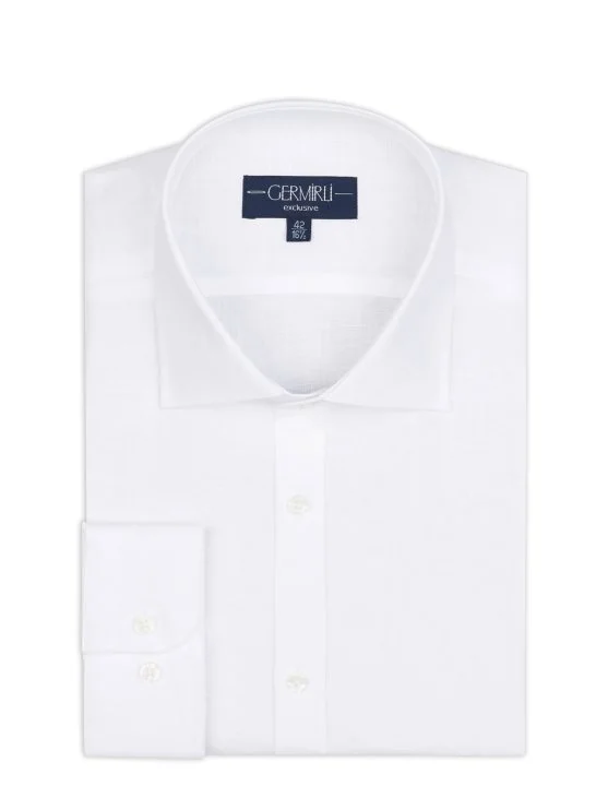 Germirli Beyaz Klasik Yaka Exclusive Tailor Fit Saf Keten Gömlek - Germirli