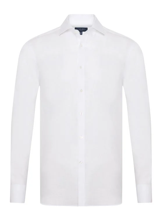 Germirli Beyaz Klasik Yaka Exclusive Tailor Fit Saf Keten Gömlek - Germirli