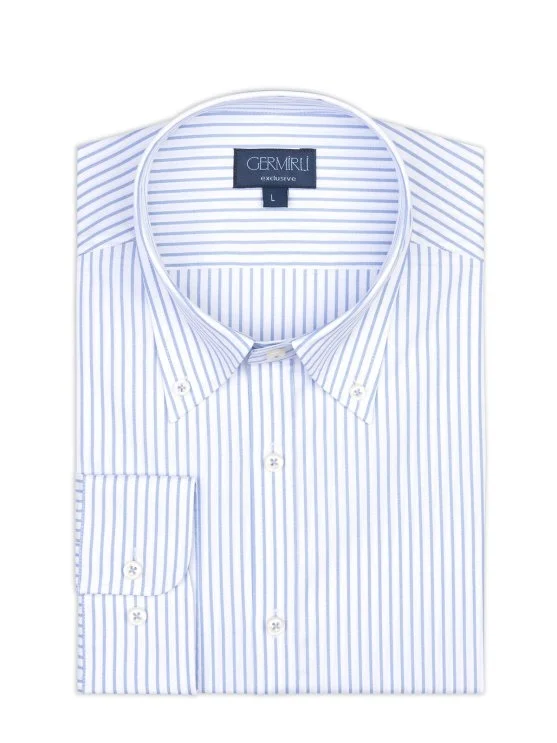 Germirli Beyaz Mavi İnce Çizgili Tailor Fit Rahat Kalıp Düğmeli Yaka Saf Pamuk Exclusive Gömlek - Germirli 
