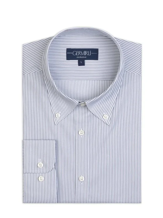 Germirli Beyaz Mavi Kahve İnce Çizgili Exclusive Düğmeli Yaka Tailor Fit Gömlek - Germirli