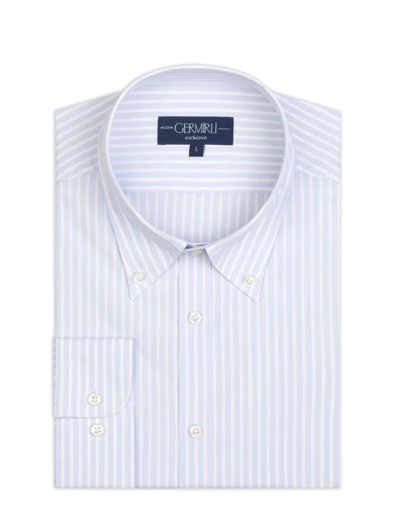 Germirli Beyaz Mavi Kalın Çizgili Düğmeli Yaka Exclusive Tailor Fit Pamuk Gömlek - Germirli