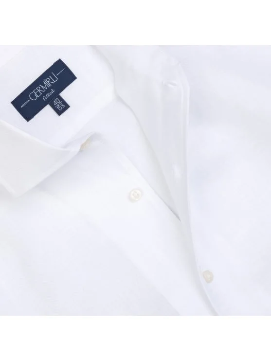 Germirli Beyaz Nevapas Lapel Yaka Keten Gömlek - Germirli