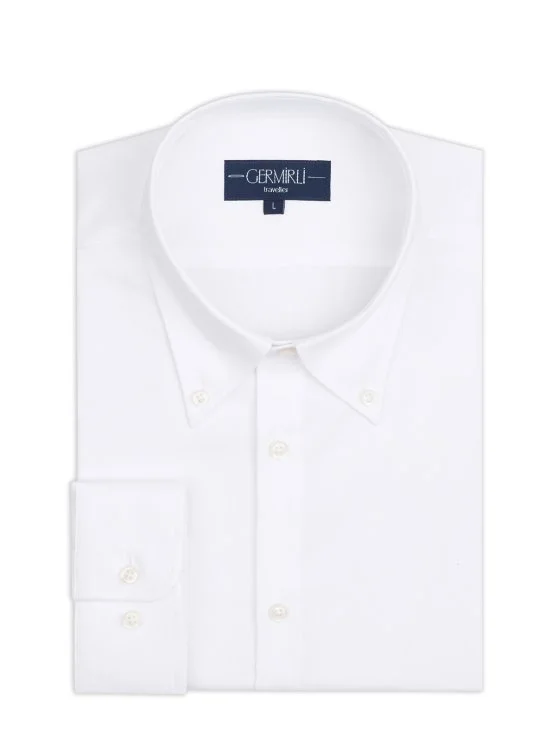 Germirli Beyaz Oxford Dokulu Non Iron Düğmeli Yaka Tailor Fit Pamuk Gömlek - Germirli