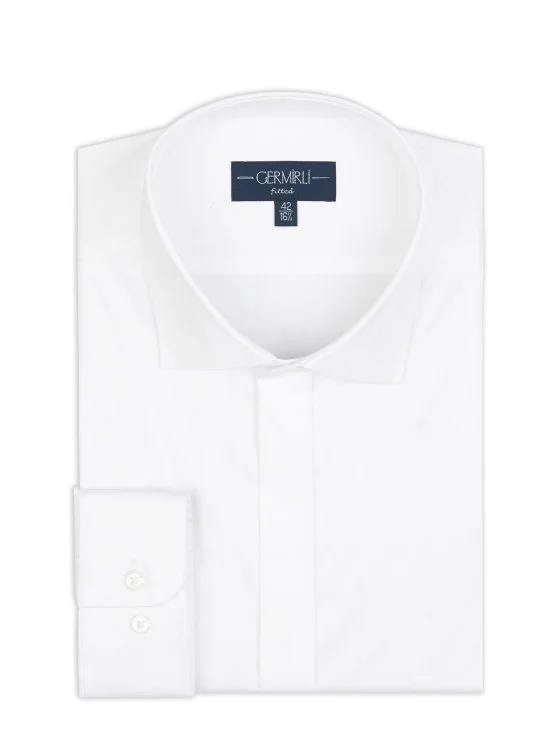 Germirli Beyaz Poplin Dokulu Klasik Yaka Tailor Fit Gizli Pat Pamuk Elastan Gömlek - Germirli 