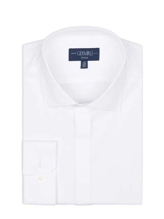 Germirli Beyaz Poplin Klasik Yaka Tailor Fit Gizli Pat Pamuk Elastan Gömlek - Germirli 
