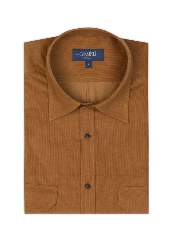 Germirli Camel Rengi İnce Kadife Soft Yaka Tailor Fit Utility Saf Pamuk Gömlek - Germirli 