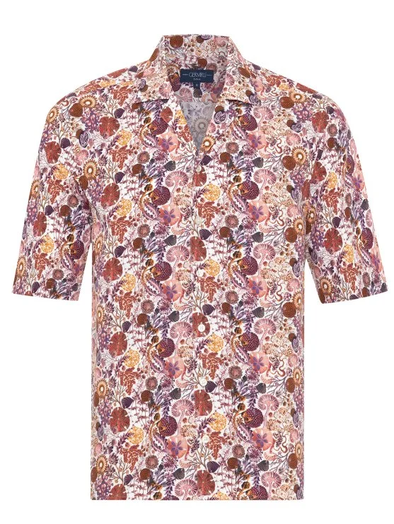 Germirli Coral Etnik Desenli Hawaii Yaka Kısa Kollu Pamuk Gömlek - Germirli