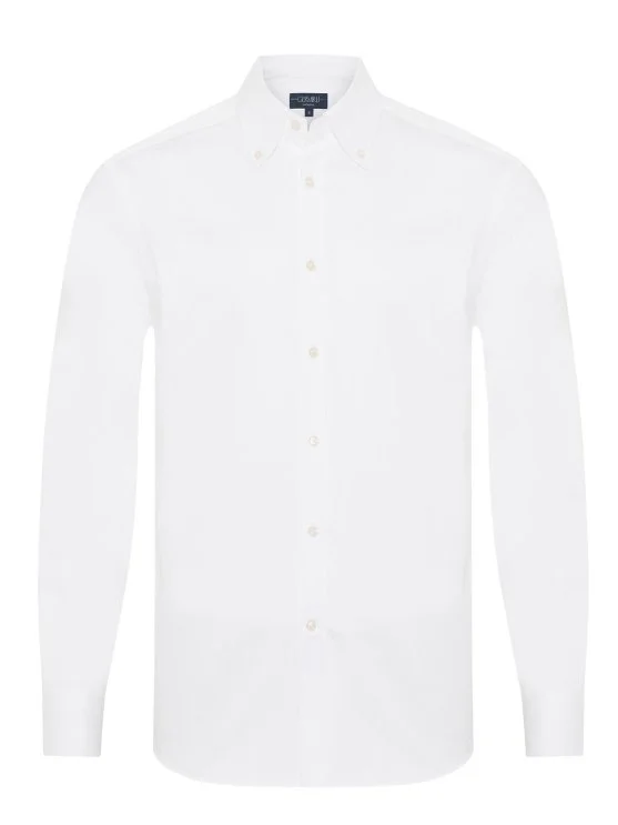 Germirli Exclusive Beyaz Saten Dokulu Tailor Fit Düğmeli Yaka Pamuk Gömlek - Germirli 