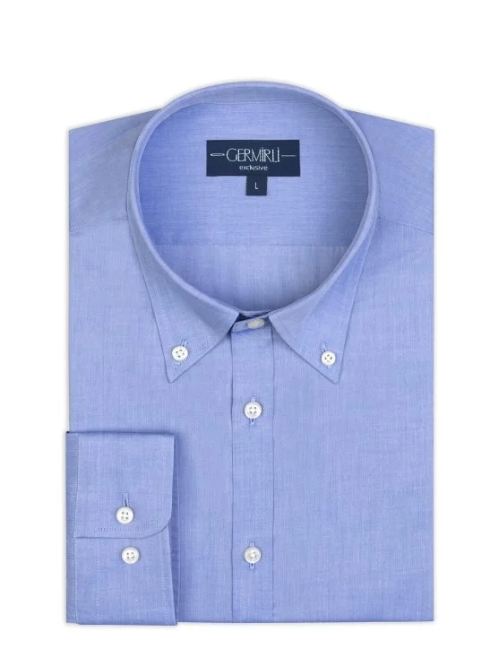 Germirli Exclusive Mavi Tailor Fit Düğmeli Yaka 70/1 Pamuk Gömlek - Germirli 