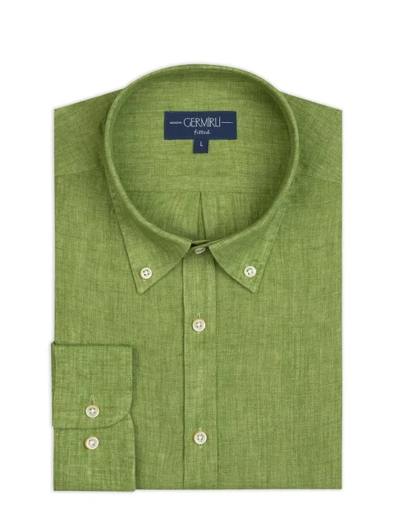Germirli Fıstık Yeşili Düğmeli Yaka Tailor Fit Delave Keten Gömlek - Germirli