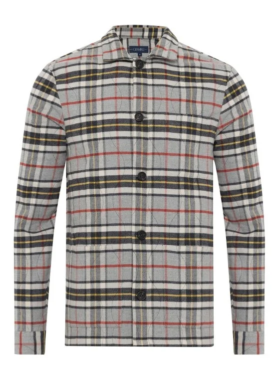 Germirli Gri Beyaz Ekose Kapitone Dikişli Flanel Thomas Mason Tailor Fit Rahat Kalıp Ceket Gömlek - Germirli 