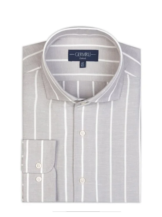 Germirli Gri Kalın Çizgili Nevapas Lapel Yaka Lyocell Keten Gömlek - Germirli