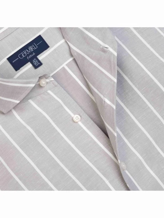 Germirli Gri Kalın Çizgili Nevapas Lapel Yaka Lyocell Keten Gömlek - Germirli