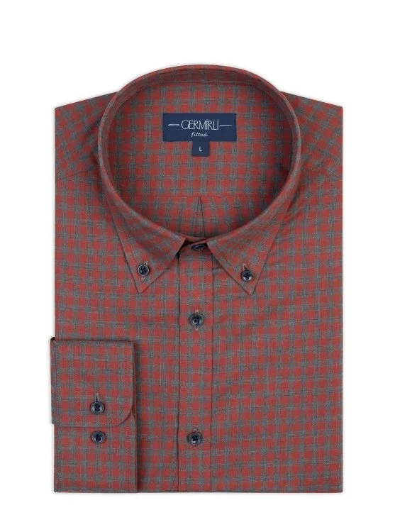 Germirli Gri Kırmızı Düğmeli Yaka Albini Tailor Fit Rahat Kalıp Damalı İnce Flanel Gömlek - Germirli 