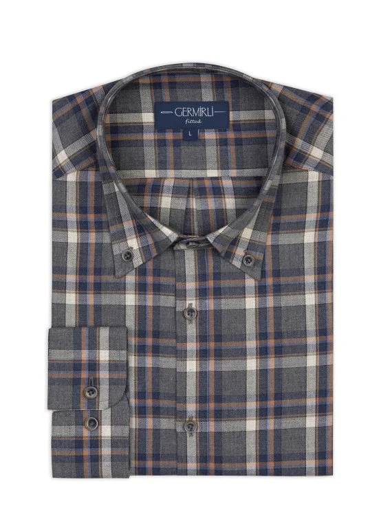 Germirli Gri Lacivert Ekoseli Flanel Düğmeli Yaka Tailor Fit Pamuk Gömlek - Germirli 