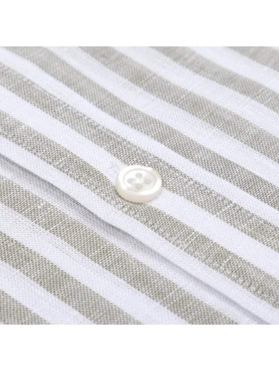 Germirli Haki Beyaz Çizgili Düğmeli Yaka Keten Gömlek - Germirli