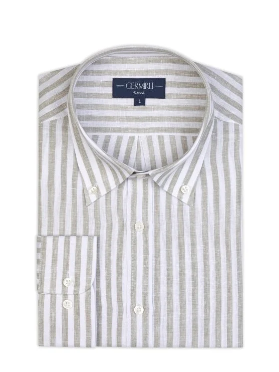 Germirli Haki Beyaz Çizgili Düğmeli Yaka Keten Gömlek - Germirli