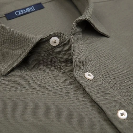 Germirli Haki Piquet Gömlek Yaka Regular Fit Merserize Vintage Uzun Kollu Tişört - Germirli 