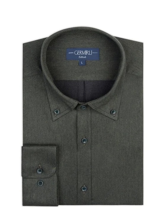 Germirli Haki Tailor Fit Düğmeli Yaka Flanel Gömlek - Germirli 