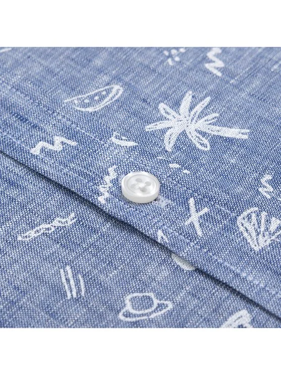 Germirli İndigo Desenli Düğmeli Yaka Tailor Fit Keten Gömlek - Germirli