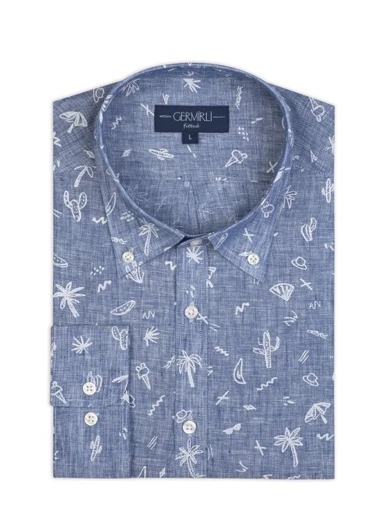 Germirli İndigo Desenli Düğmeli Yaka Tailor Fit Keten Gömlek - Germirli