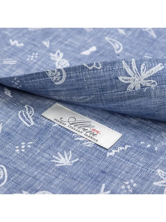 Germirli İndigo Desenli Düğmeli Yaka Tailor Fit Keten Gömlek - Germirli 