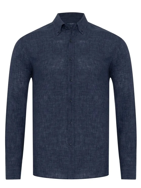 Germirli Indigo Lacivert Delave Keten Düğmeli Yaka Tailor Fit Gömlek - Germirli 