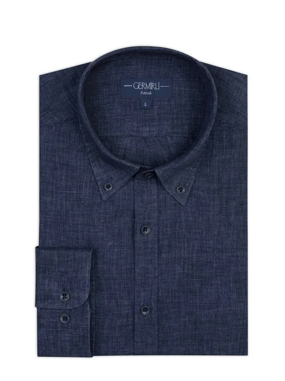 Germirli Indigo Lacivert Delave Keten Düğmeli Yaka Tailor Fit Gömlek - Germirli 