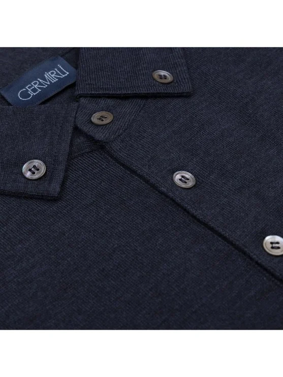Germirli İndigo Mavi Düğmeli Gömlek Yaka Regular Fit Extra Fine Yün Triko - Germirli 