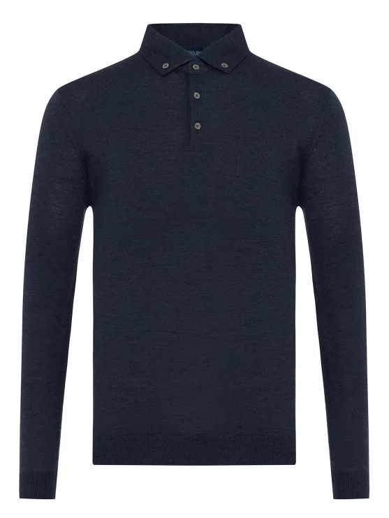 Germirli İndigo Mavi Düğmeli Gömlek Yaka Regular Fit Extra Fine Yün Triko - Germirli 