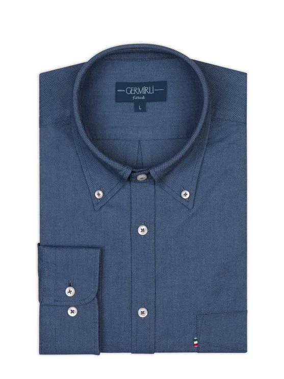 Germirli İndigo Mavi Düğmeli Yaka Cepli Tailor Fit Spor Oxford Erkek Gömlek - Germirli 