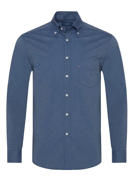 Germirli İndigo Mavi Düğmeli Yaka Cepli Tailor Fit Spor Oxford Erkek Gömlek - Germirli 