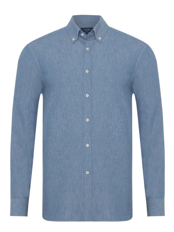 Germirli İndigo Soft Yaka Tailor Fit Denim Pamuk Gömlek - Germirli