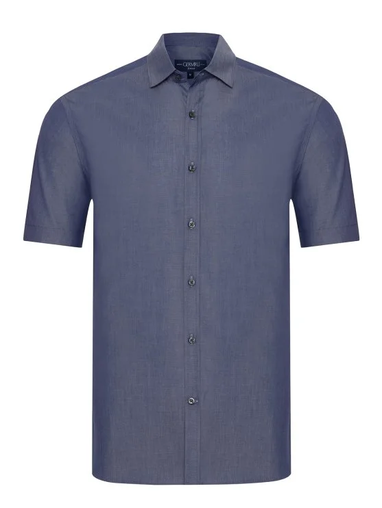Germirli Indigo Soft Yaka Tailor Fit Kısa Kollu Pamuk Gömlek - Germirli