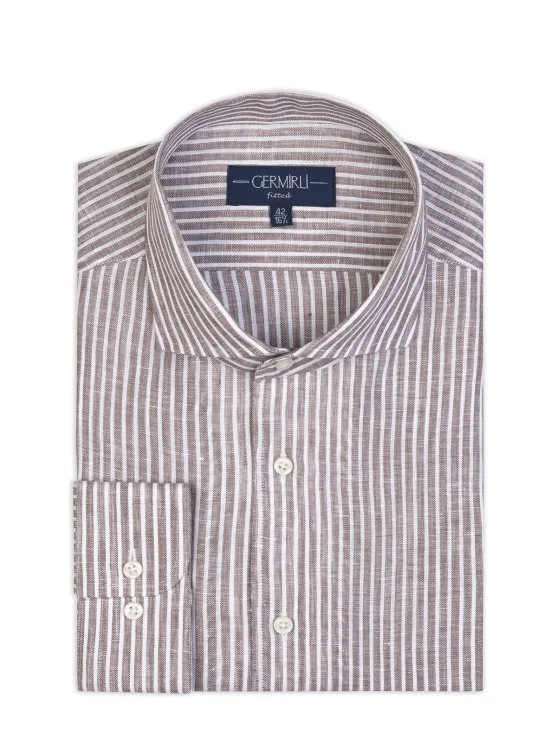 Germirli Kahve Beyaz Çizgili Nevapas Lapel Yaka Keten Gömlek - Germirli