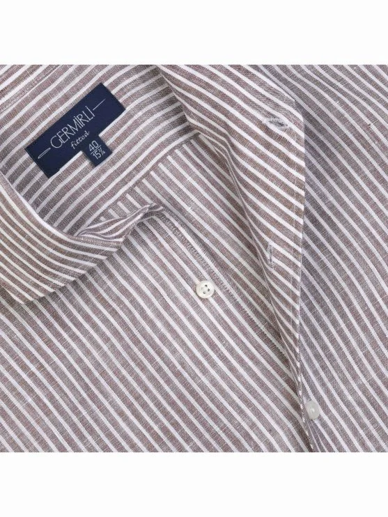 Germirli Kahve Beyaz Çizgili Nevapas Lapel Yaka Keten Gömlek - Germirli